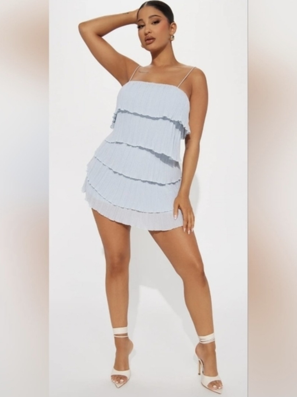 Fashion Nova Light Blue Tiered Mini Dress with Spaghetti Straps